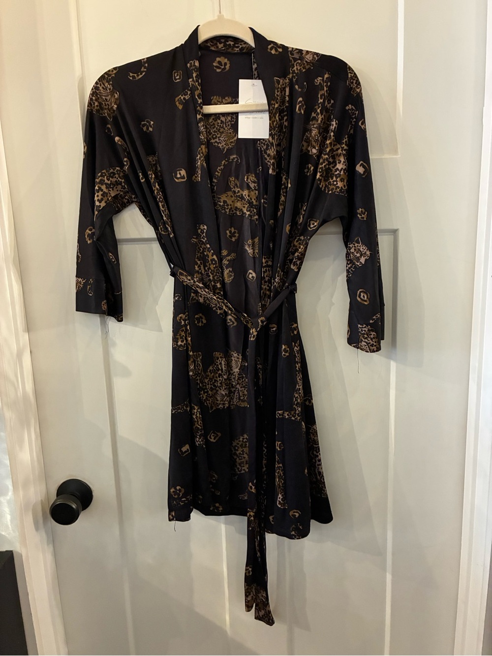 Black & Gold Leopard Print Satin Robe - Women Intimates & Sleepwear